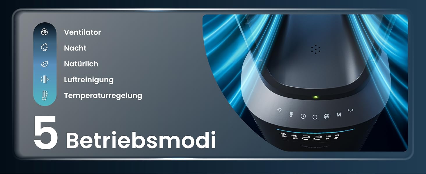 Вентилятор Pro Breeze OmniAir з очищувачем повітря, 105 см - безшумний, з HEPA 13 фільтром, LED дисплеєм, пультом керування, 10 швидкостей, 5 режимів, чорний