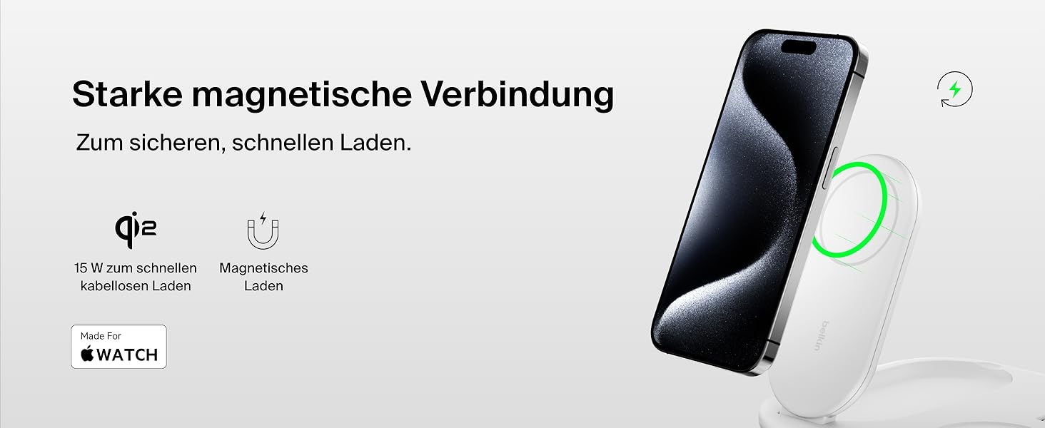 Зарядний пристрій Belkin BoostCharge 3-в-1 з підтримкою Qi2, 15 Вт, MagSafe, для iPhone, Apple Watch, AirPods