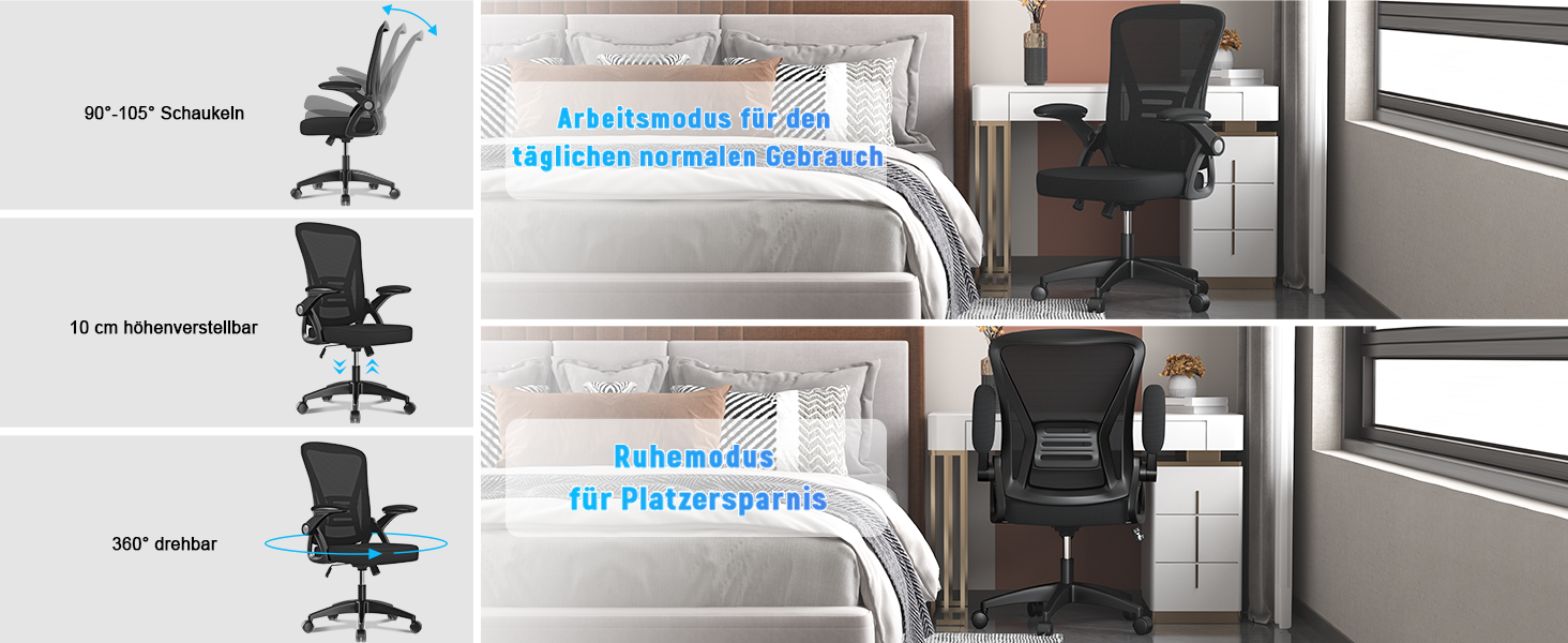 Офісний стіл з підтримкою попереку Rattantree, ергономічний, регульовані підлокітники, регульована висота, поворотний, дихаюча спинка, чорний, без підголівника