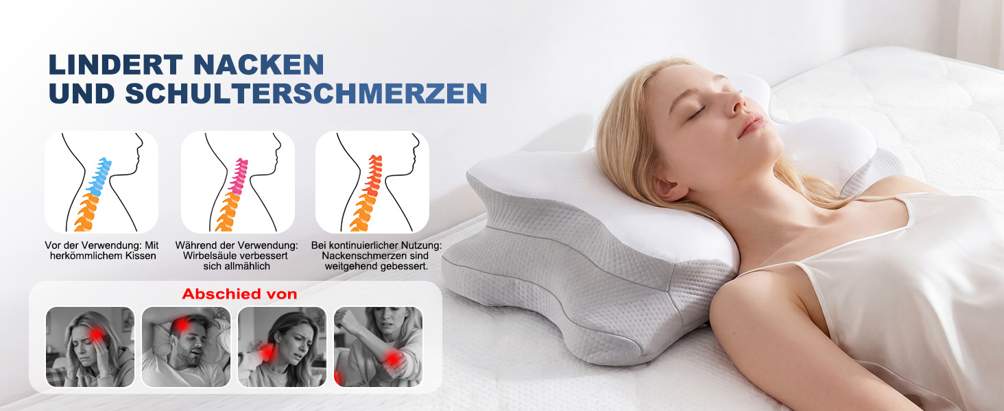 Подушка для шиї VYLEE з піни Memory Foam: ортопедична для сну на спині, боку та животі, від болю в шиї та плечах (Сіра)