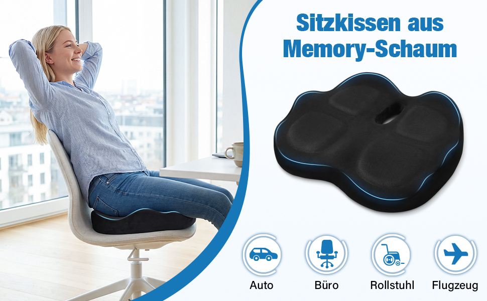 Ортопедична подушка для сидіння з Memory Foam для офісного крісла, авто та інвалідного візка, чорна. Зняття тиску на куприк, комфорт.