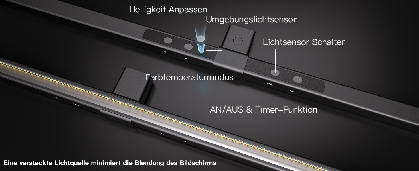 LED лампа настільна з авторегулюванням яскравості, 80 см, кріплення-прищіпка, регулювання колірної температури, захист для очей, денне світло, таймер, матовий чорний