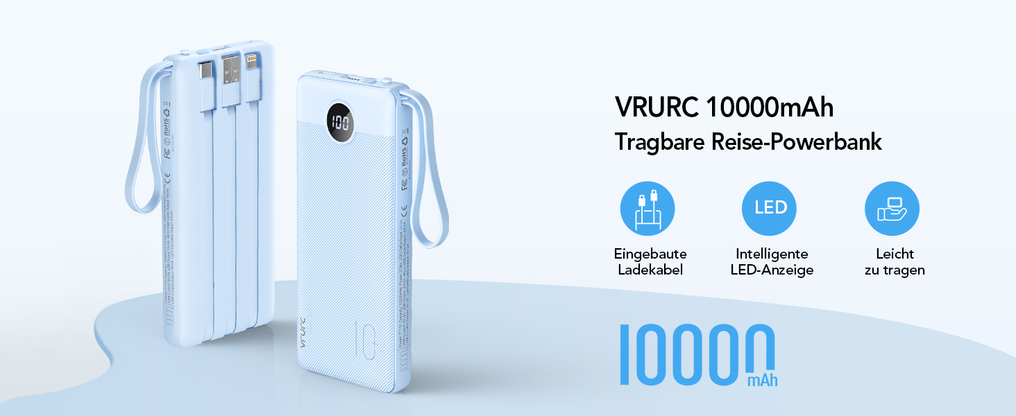 Power Bank VRURC 10000mAh з 4 кабелями: портативний акумулятор USB-C для iPhone, Huawei, Samsung та Android (синій)