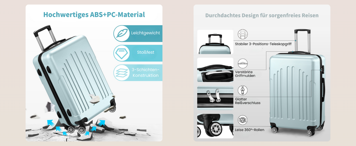 Набір валіз LEADZM 3 шт. з роликами, великий, жорсткий ABS+PC, телескопічна ручка, ручна поклажа (м'ятний)