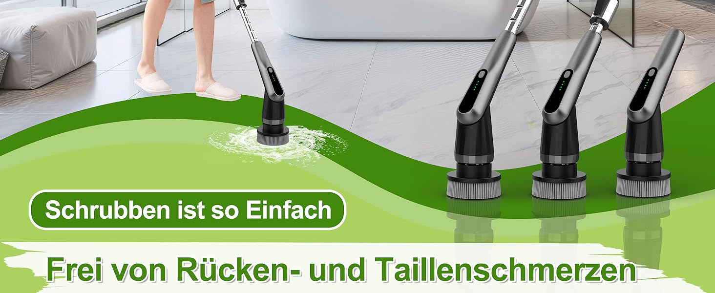 Електрична щітка для прибирання з 7 насадок, IPX7, регульована ручка, для ванної, кухні, підлоги, авто (чорний, сірий)