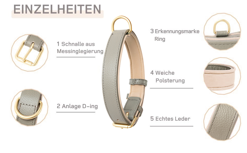 Нашийник для собак Heele з натуральної шкіри, регульований, для великих собак, сірий (1 шт.)