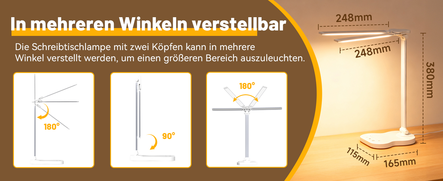Стійка лампа для робочого столу з двома регульованими головками, 5 режимів кольору, 10 рівнів яскравості, сенсорне керування, таймер 45 хв, диммування, для дому, офісу, читання, навчання - біла