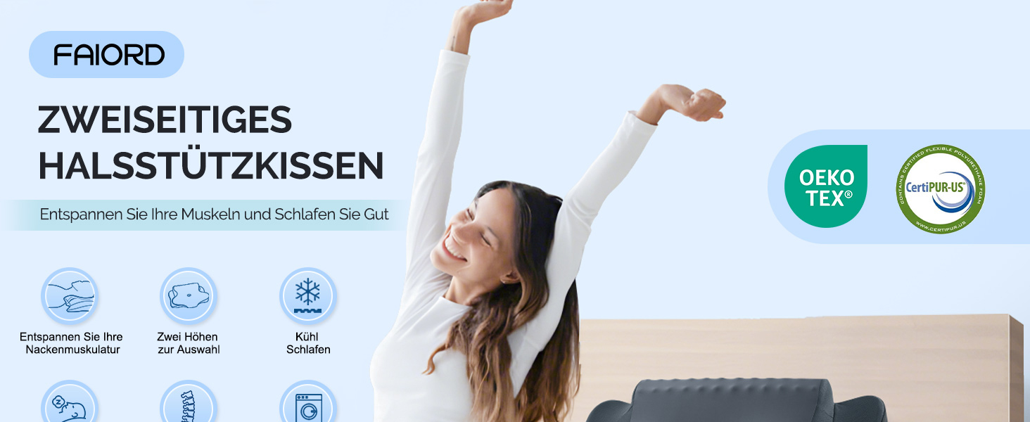 Подушка для шиї FAIORD, подушка з піною з пам'яті, ергономічна подушка для сну, подушка для підтримки шиї для тих, хто спить на боці, спині та животі, темно-сіра, 64 x 39 x 13 см