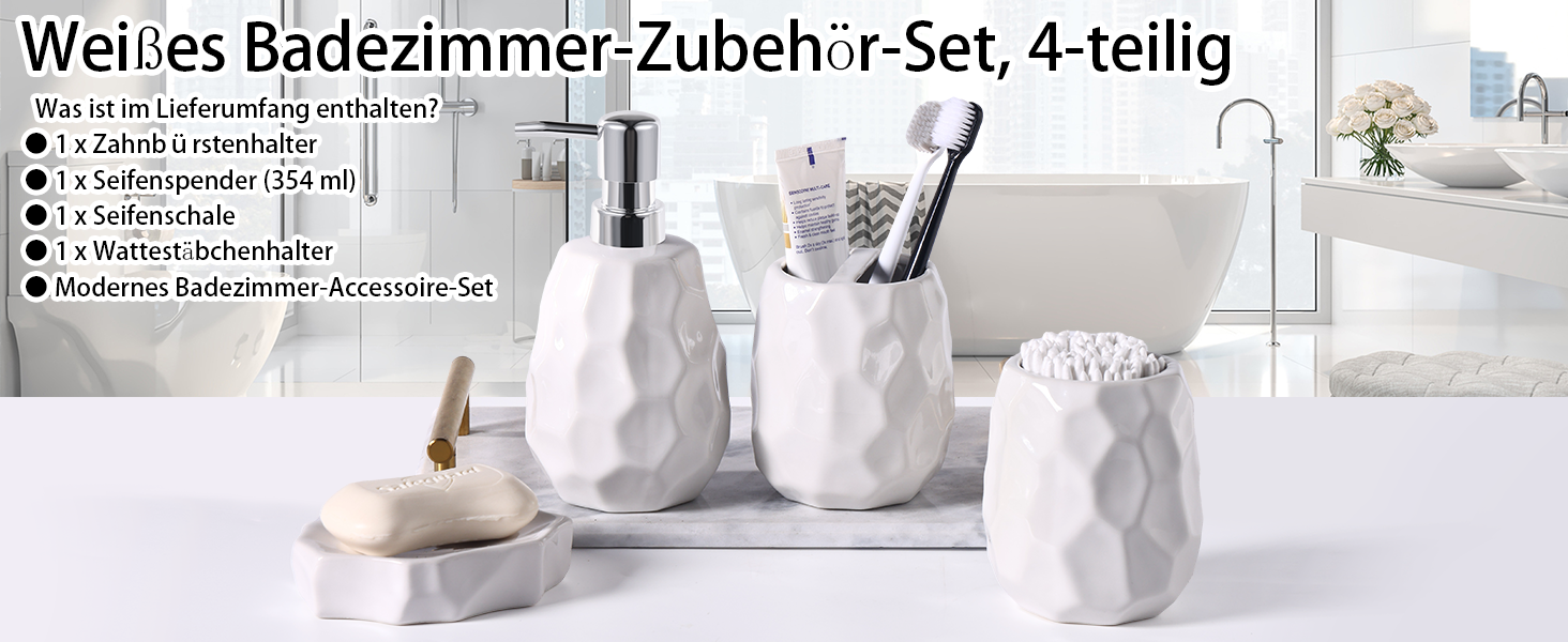Набір аксесуарів для ванної кімнати, 4 шт: диспенсер для мила, мильниця, тримач для зубних щіток, стаканчик для зубних щіток, органайзер для ванної кімнати, сучасний дизайн (білий)