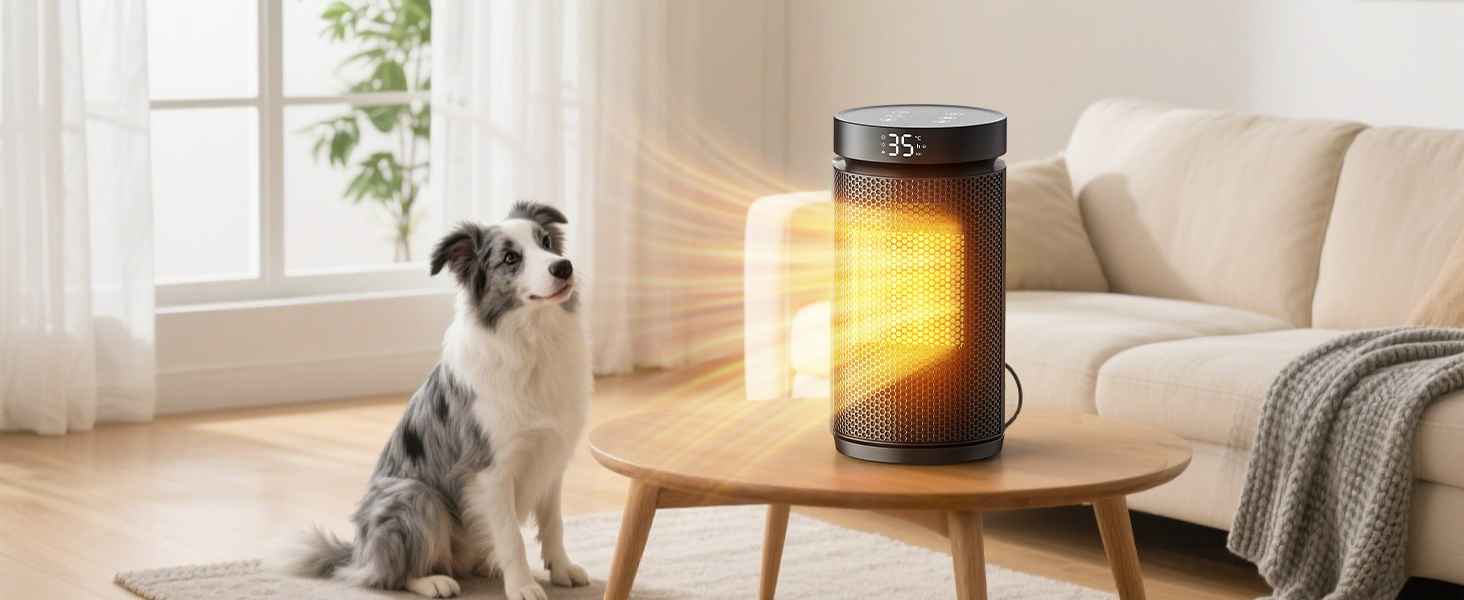 Керамічний обігрівач 1500W з термостатом, захистом від перегріву та нахилу, 75° осциляція, ECO-режим, 2-в-1 для дому (чорний, круглий)