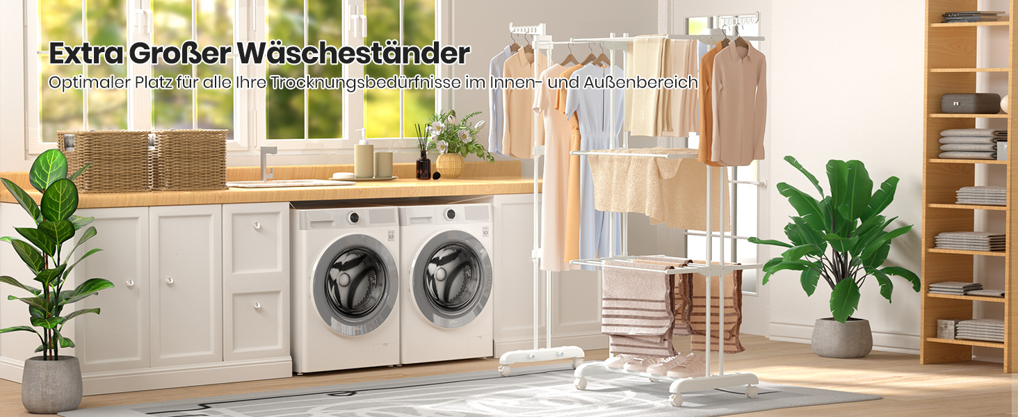 Сушарка для білизни Oak & Tea Turm, 83-200 см, з висувними крилами, XXL, 4 яруси, з колесами, для дому та вулиці, біла