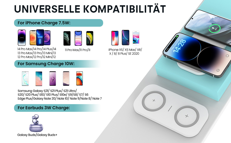 Бездротовий зарядний пристрій JoyGeek 2-в-1, 15W, для iPhone та Samsung, білий