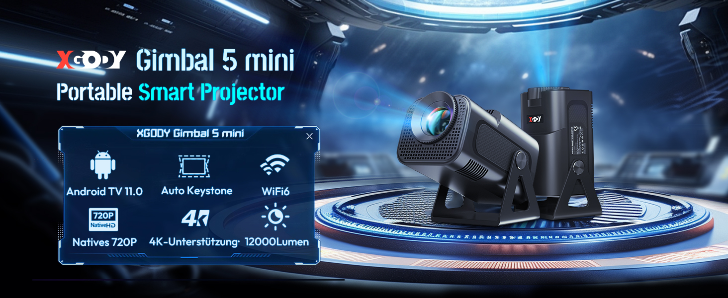 Проектор Xgody Gimbal 3: 12000 Люмен, Android 11.0, 4K, WiFi 6, Bluetooth, Автоматична корекція трапецеїдальних спотворень, для домашнього кінотеатру (білий/чорний)