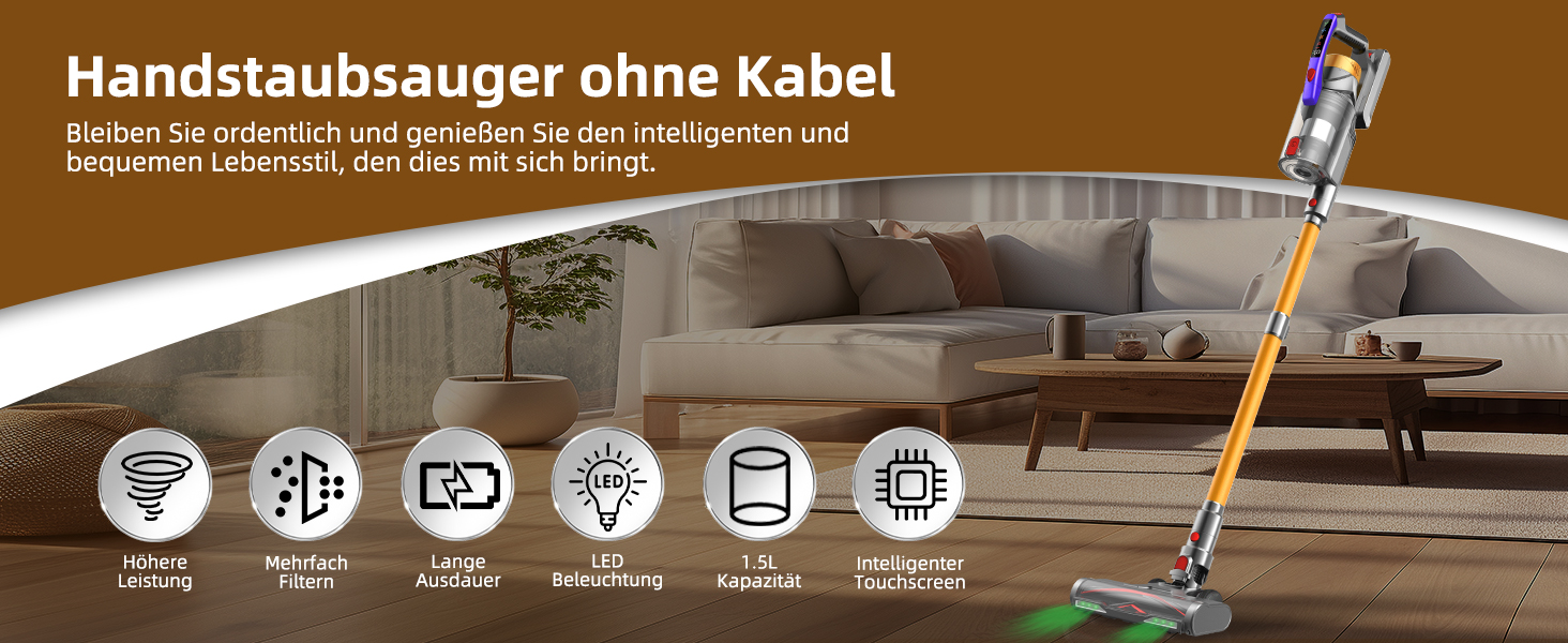 Бездротовий акумуляторний пилосос 58000Pa/550W з LED-дисплеєм та антизаплутувальною насадкою, об'єм 1.8L, для видалення шерсті тварин, килимів, твердих поверхонь та авто, колір золотий