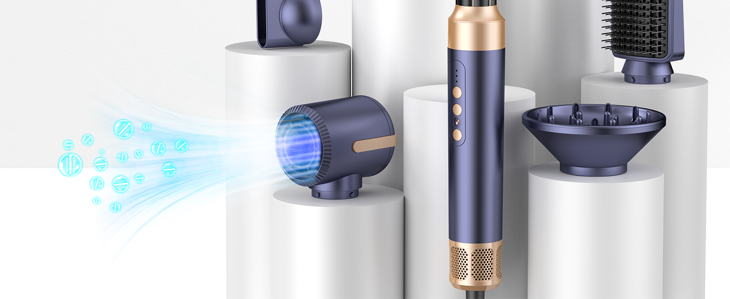 Airstyler 7 в 1: мультистайлер для волосся 1400W з феном, дифузором, плойкою та щітками для сушки, локонів та укладки. Швидка сушка завдяки двигуну 110000 RPM. Колір: блакитний