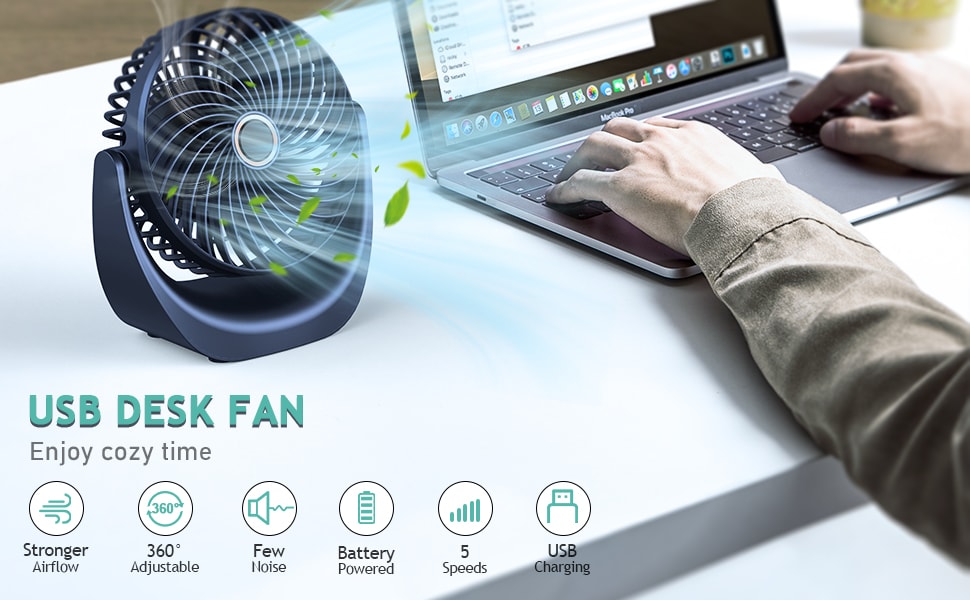 Настільний вентилятор SHAVINGFUN з USB-живленням, 4000mAh, 5 швидкостей, поворотний, тихий - для дому та офісу
