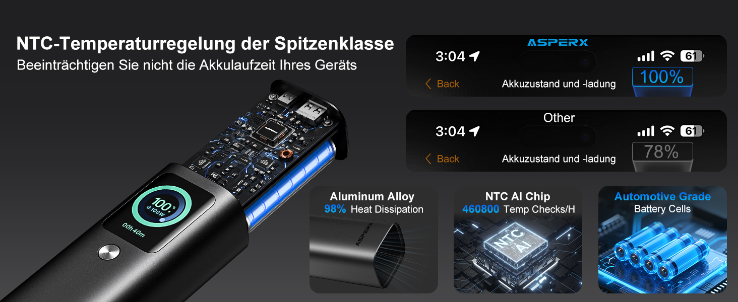 Power Bank AsperX 20000mAh 165W з USB-C кабелем, сумісний з MacBook, Dell, HP, Lenovo, iPad, iPhone, Galaxy