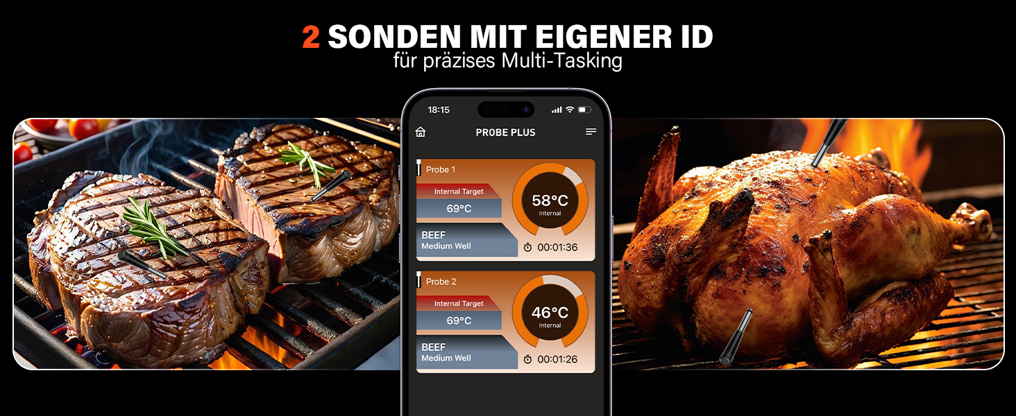 Бездротовий термометр для м'яса з 2 зондами, великий LCD-дисплей, Bluetooth, 130м, термометр для приготування на грилі, BBQ, духовки, гриля, коптильні, сковороди, фритюрниці, водонепроникний IP67