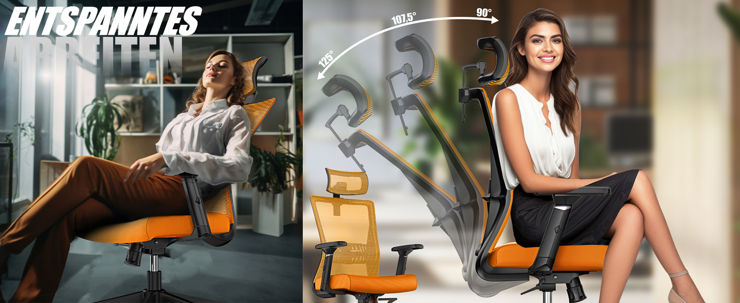 Офісне крісло KESSER® ергономічне з регульованими підлокітниками, підтримкою попереку та підголівником | Крісло для офісу з функцією гойдання до 125° та 5 колесами | Оранжево-чорний колір