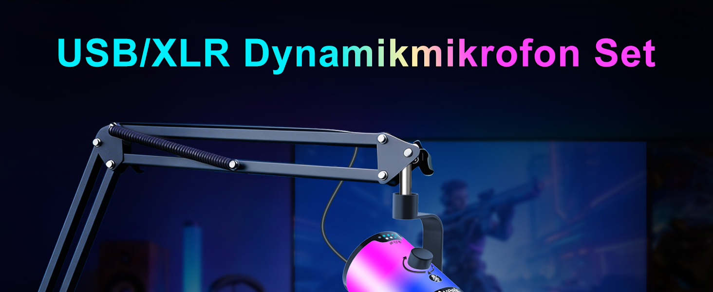 Мікрофон Aveek USB/XLR динамічний з тримачем, з функцією Mute, шумозаглушенням та RGB підсвіткою для ПК, стрімінгу, подкастів та запису