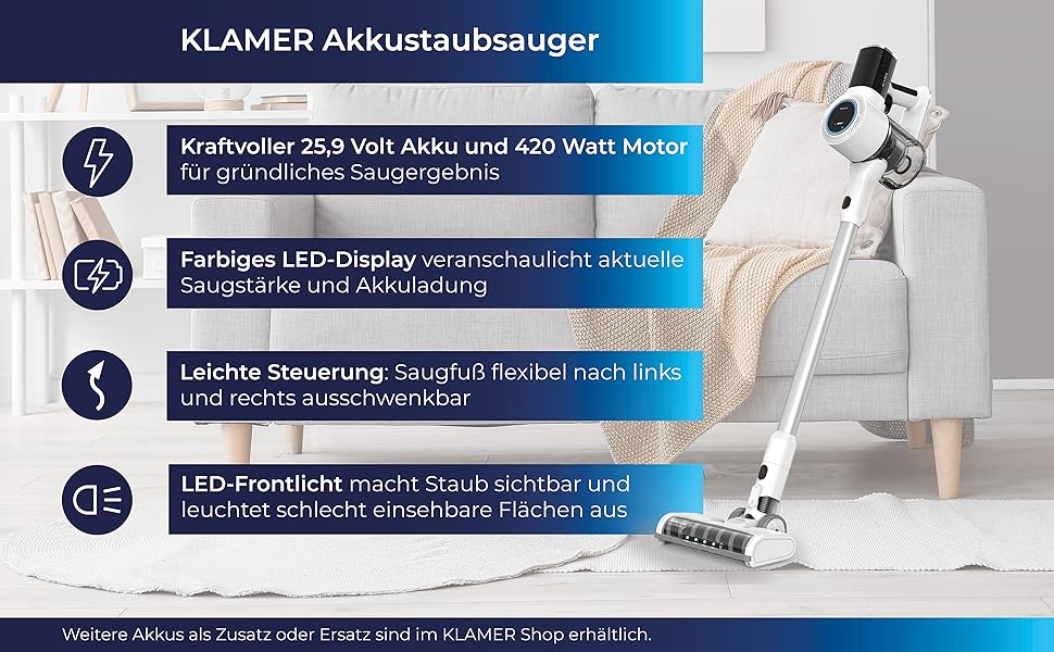 Бездротовий акумуляторний пилосос 2-в-1 Klamer з HEPA-фільтром для дому, авто та килимів. Час роботи до 45 хв. (Білий/Срібний)