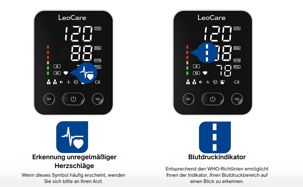 Тонометр LeoCare 528 для вимірювання артеріального тиску на плечі, CE-сертифікований, з функцією виявлення аритмії, для домашнього використання