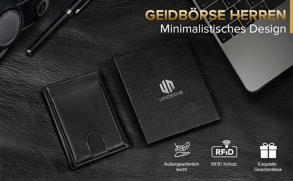 Чоловічий гаманець UNOSEKS: RFID захист, картхолдер, slim дизайн, відділення для монет, картки, ID, з алюмінію (карбон, чорний)