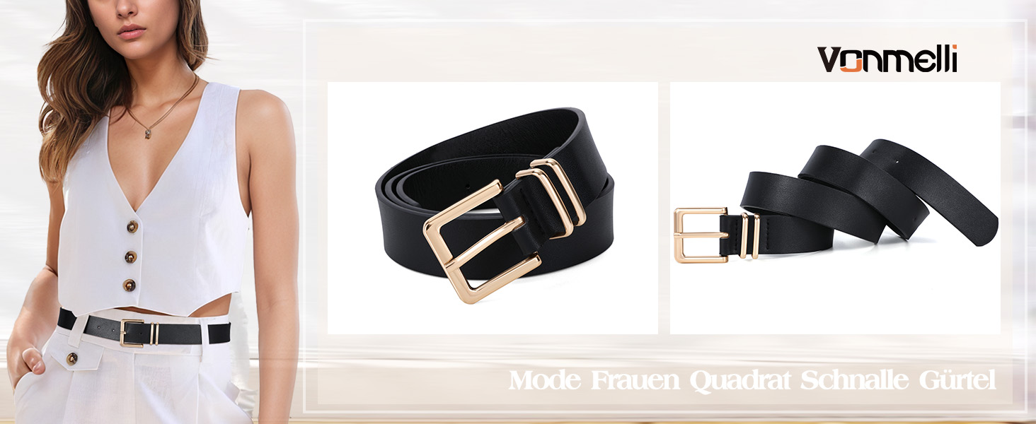 Комплект жіночих шкіряних ременів VONMELLI (3 шт.) для джинсів, спідниць та суконь. Золота пряжка, чорний, коричневий, бежевий, розмір M (79-94 см)