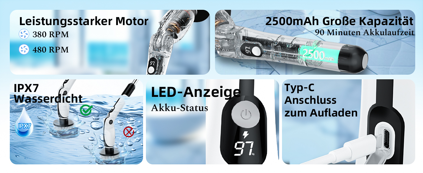 Електрична щітка для прибирання: 7 насадок, 3 довжини, 90 хв роботи, 2 режими швидкості для ванної, кухні, авто