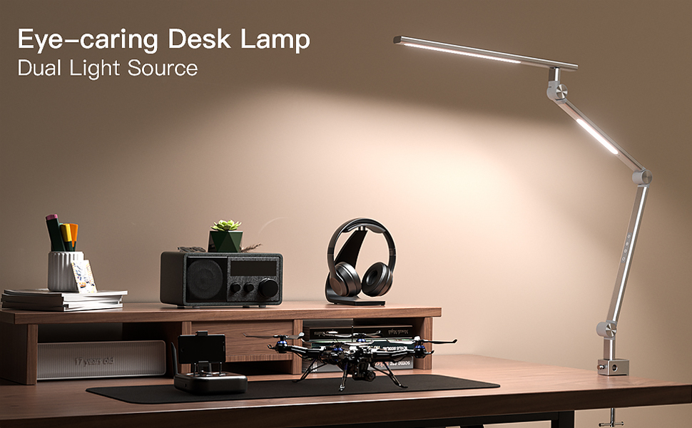 VERSKI LED Desk Lamp - Dimmable 18W Dual Light Source, Eye Protection, Daylight Lamp with 5 Color Temperatures & Adjustable Brightness for Home Office & Office - Silver