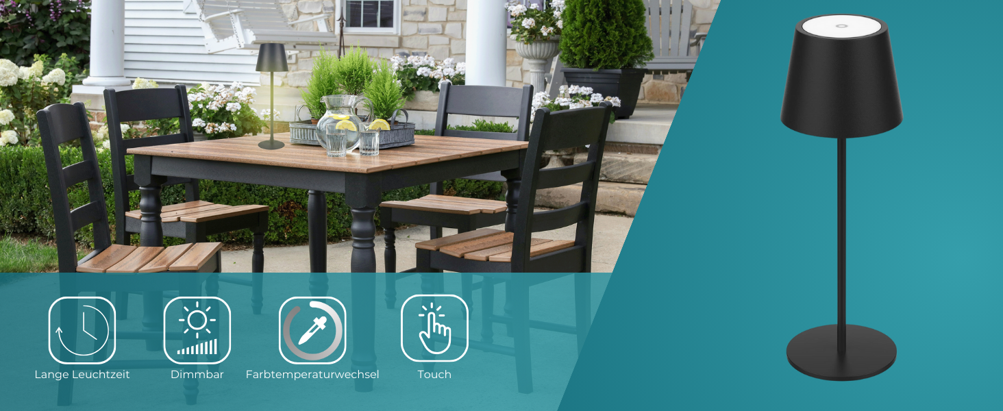 Світлодіодний настільний світильник LUXULA з димером, акумулятором та сенсорним керуванням - 3 кольори світла CCT - Бездротовий, для дому та вулиці, IP44, USB - Набір 2 шт.