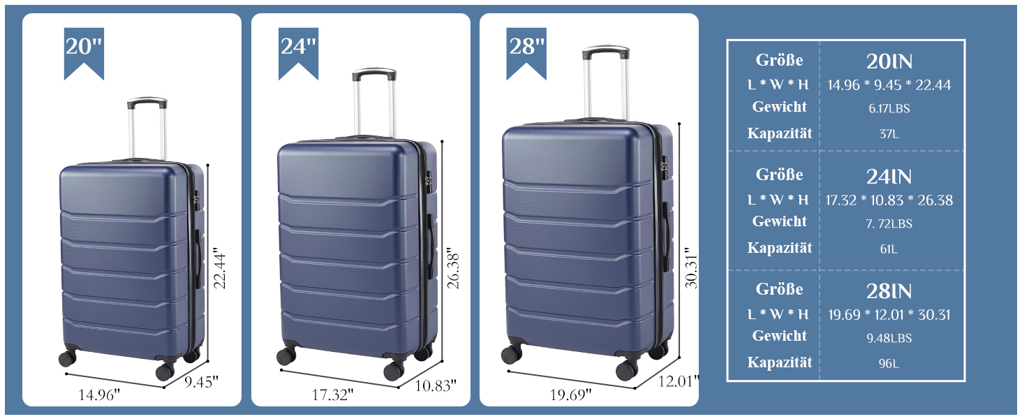 Набір валіз Dumos 3tlg. Hartschalenkofferset - міцний набір з трьох валіз з жорстким корпусом, телескопічною ручкою, замком та чотирма колесами (Xlx-blau)