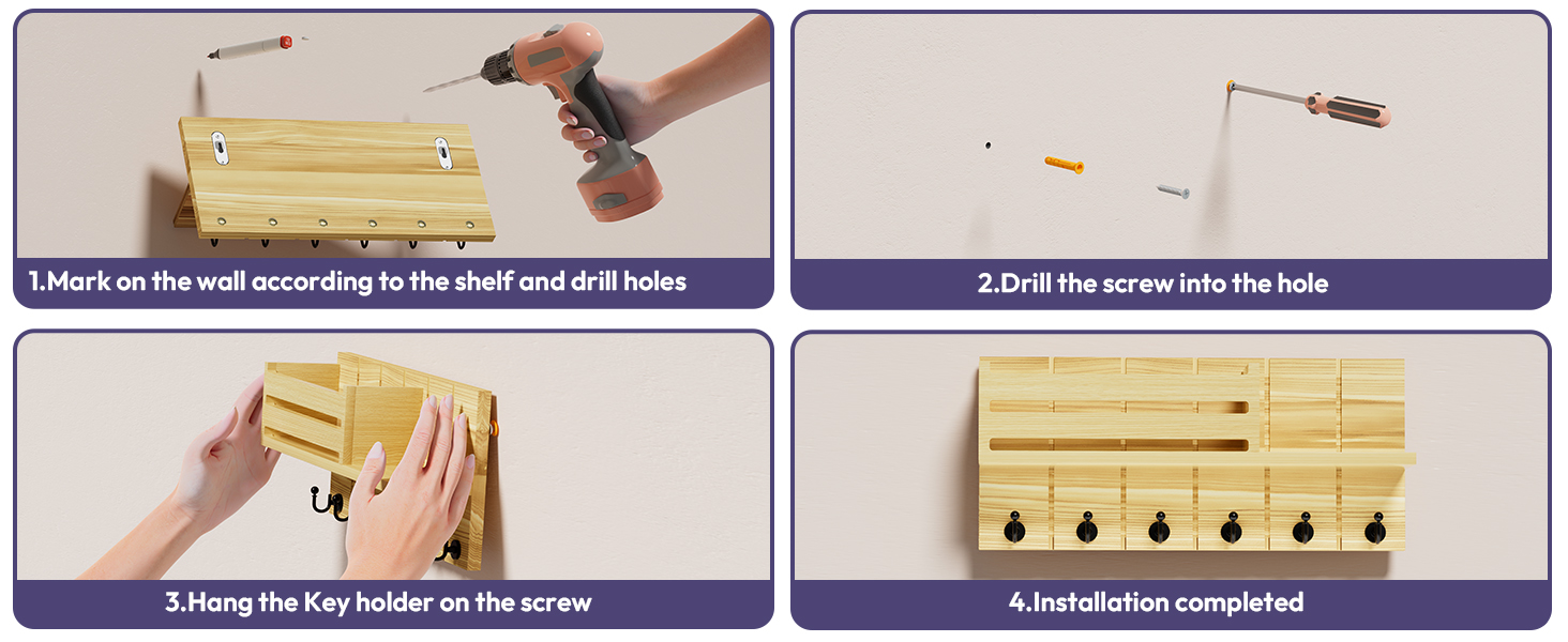 Ключниця дерев'яна з полицею та гачками SWTYMIKI для дому, кухні, офісу (натуральне дерево)