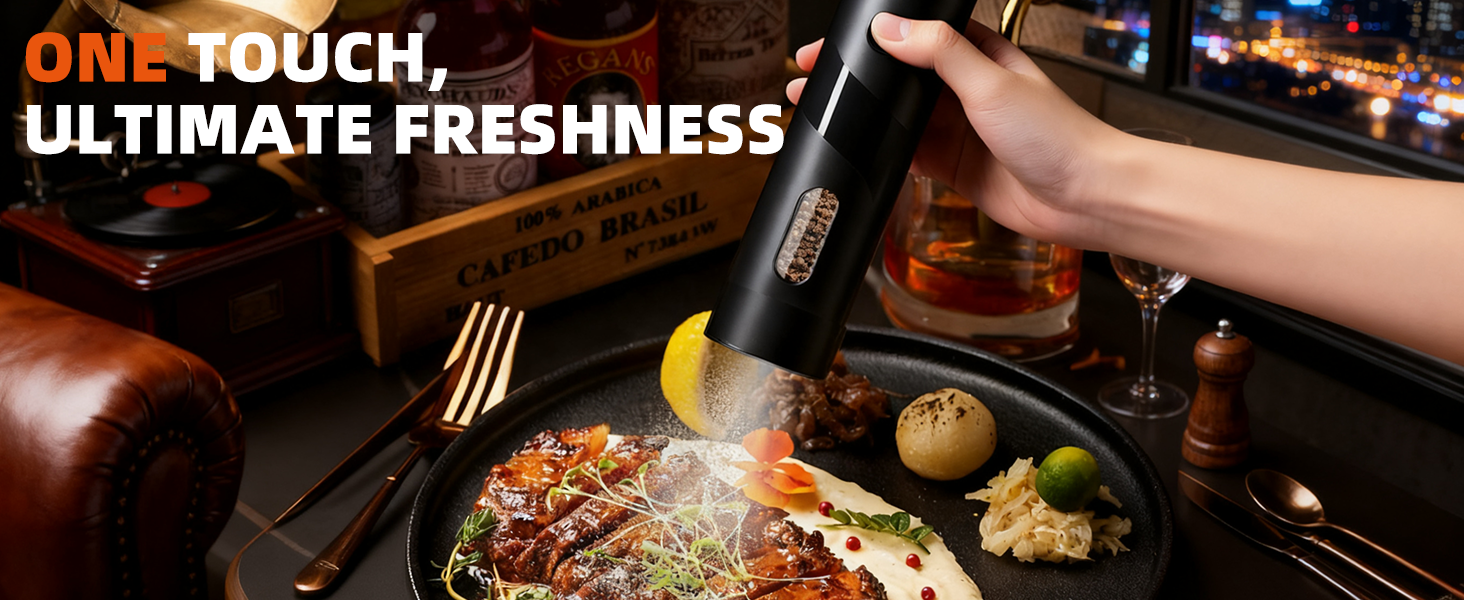 Набір електричних мельниць для солі та перцю з заряджною станцією, об'єм 110 мл, 5 ступенів помелу, керамічна млинка, щітка, 2 шт., чорний