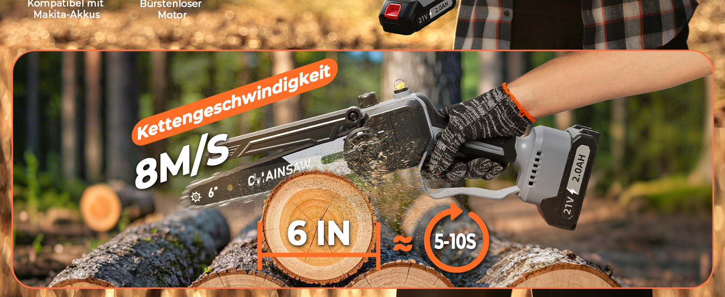 Акумуляторна міні-пила для саду та дерева 6 дюймів, 1000W безщітковий двигун, сумісна з Makita 18V, автоматичний змащувач, для обрізки гілок та дерева (1*2000mAh)