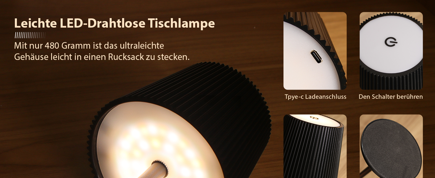 Світлодіодна настільна лампа бездротова з регулюванням висоти, USB-C нічник з 3 режимами освітлення та димером, портативна металева акумуляторна лампа для вітальні, спальні та вулиці (Чорна)