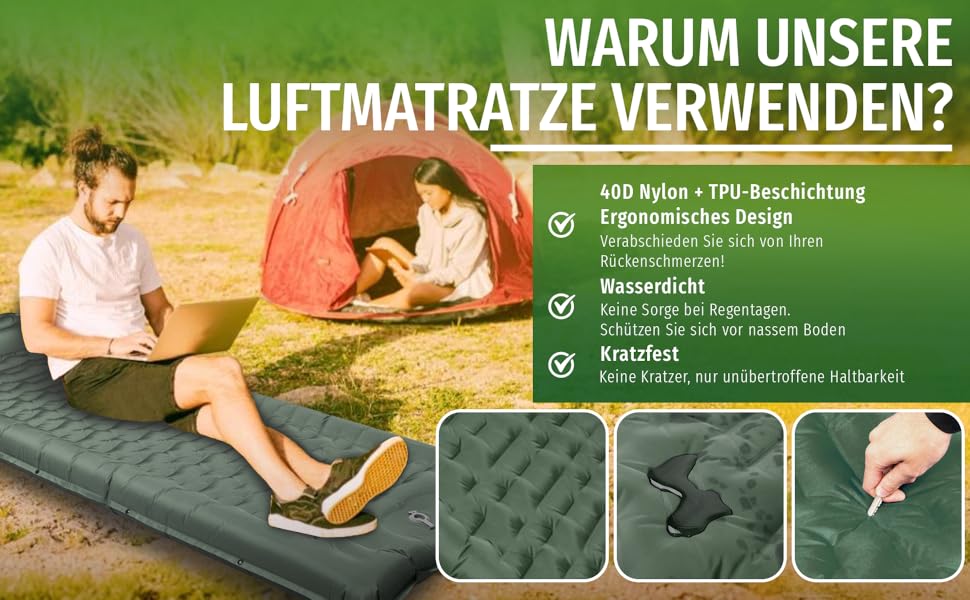 Isomatte Ultraleicht 12 см, складана з інтегрованим насосом та подушкою – килимок для кемпінгу, автомобільна матрац, повітряна матрац, зелений