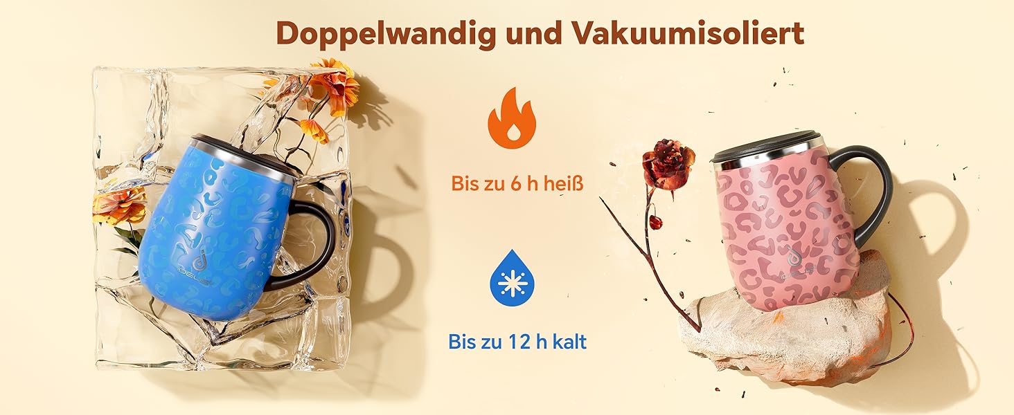 Кружка для кави та чаю Ideus 470 мл з подвійними стінками, з нержавіючої сталі, з нековзким ручним тримачем та кришкою-ковзаючою панеллю, великий об'єм (Трав'яний зелений) (Леопардовий жовтий)