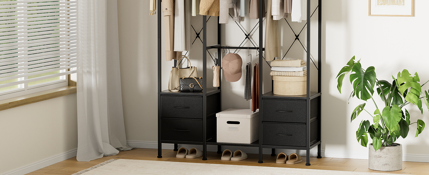 Відкрита шафа для одягу, вішалка для одягу, гардеробна стійка з 4 шухлядами, стабільна вішалка для спальні, вітальні, передпокою (Чорний)