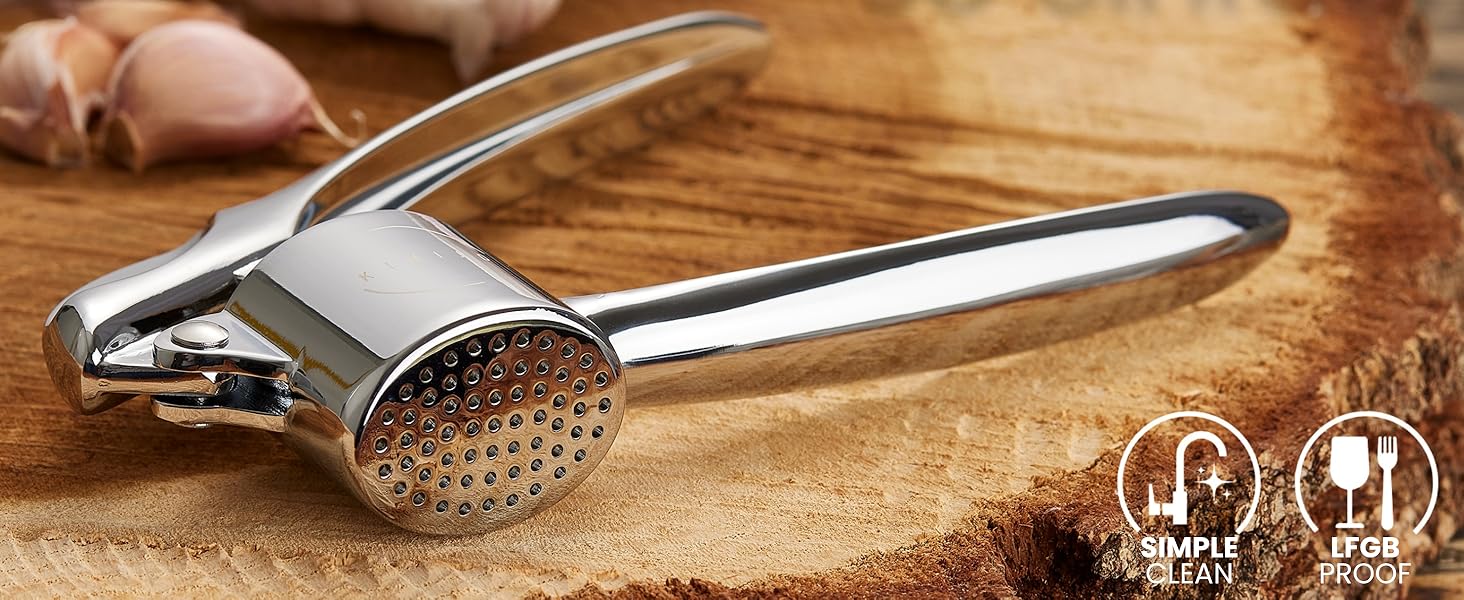 Прес для часнику з нержавіючої сталі - міцний та ергономічний, для зручного подрібнення часнику. Виготовлений з масивного цинкового лиття, підходить для миття в посудомийній машині.