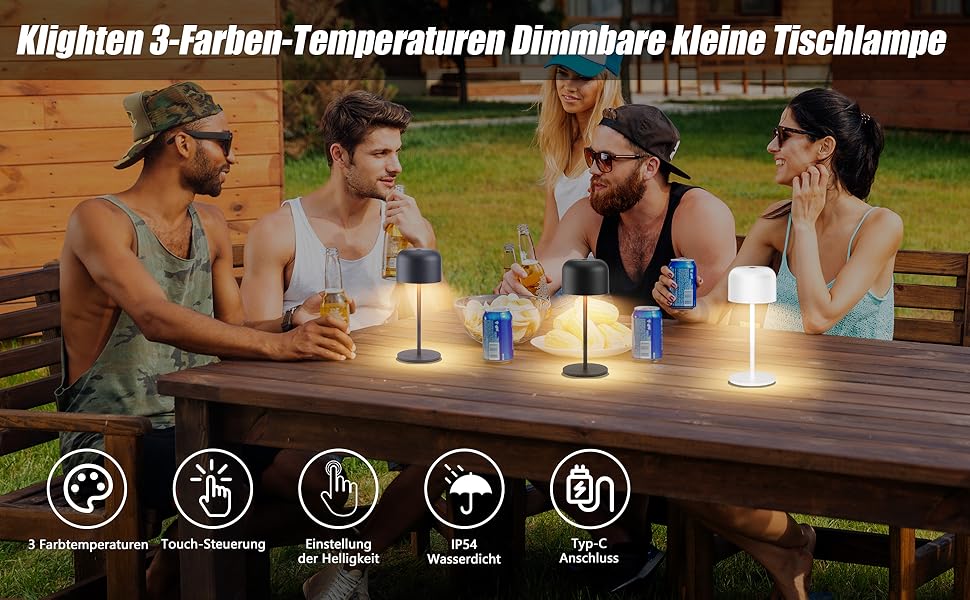 Акумуляторний світлодіодний настільний світильник Klighten з димером, чорний, алюміній, IP54, 21см. 3 кольори світла (3000K-6000K), USB-C, комплект 2 шт.