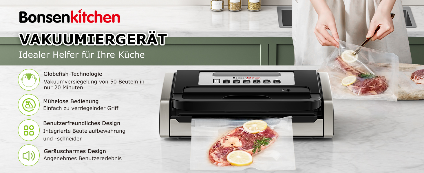 Вакуумний пакувальник Bonsenkitchen 15л/хв, з ручкою та вбудованим ножем, комплект з 2 рулонами, сертифікат екологічності
