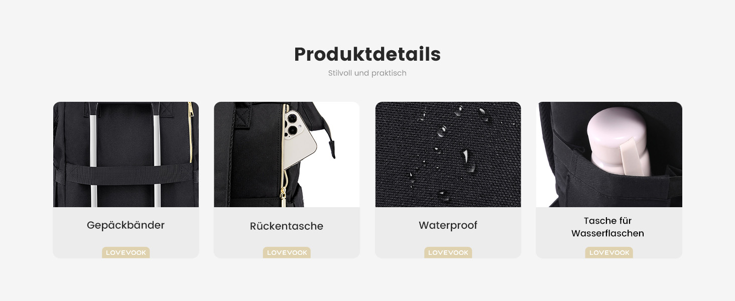 LOVEVOOK Рюкзак для жінок, шкільний рюкзак, рюкзак для ноутбука, водонепроникний, з USB-портом, для університету, школи, роботи, подорожей, темно-сірий, чорний, 17'