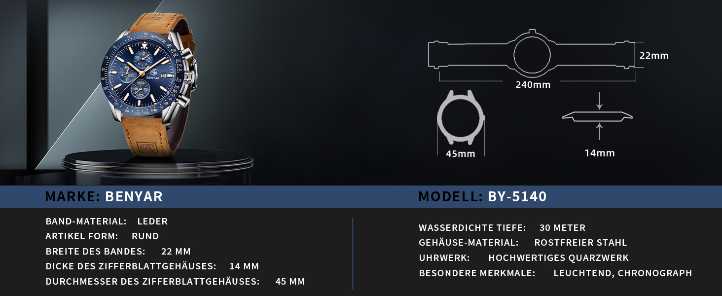 Годинник чоловічий BENYAR Quarz Chronograph з датою, водонепроникний, браслет, стильний, для повсякденного та ділового стилю, коричневий/блакитний.