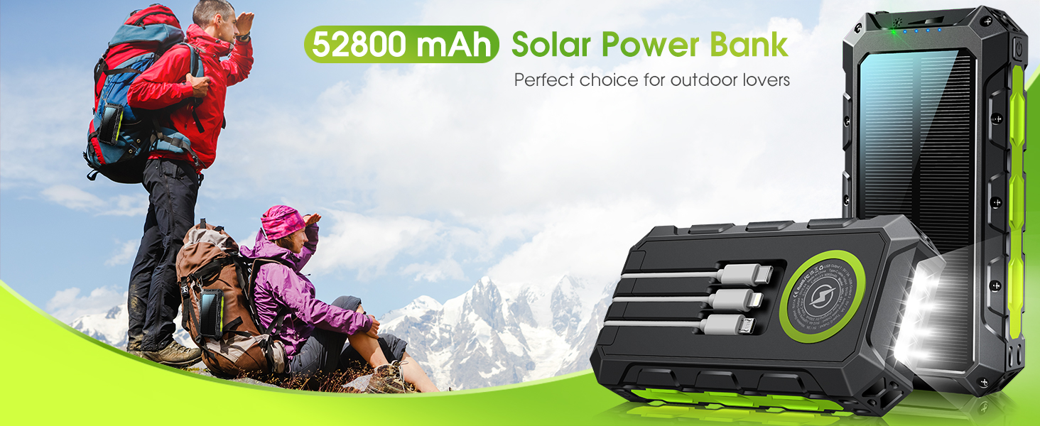 Портативний зарядний акумулятор Power Bank 52800mAh з сонячною панеллю, 30W, 7 виходів, з ліхтариком та LED-дисплеєм, чорний/зелений