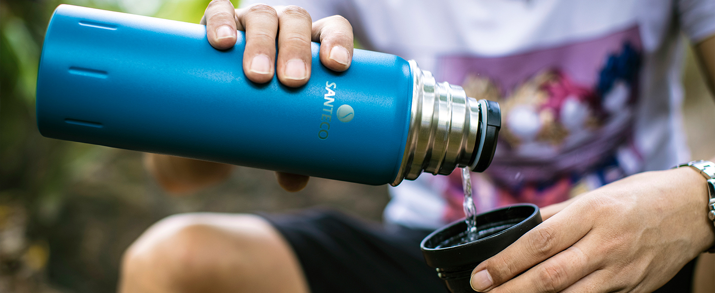 Термос з нержавіючої сталі SANTECO 1л/500мл, ізотермос з кришкою-чашкою, для дітей, спорту, без BPA, 24 години холод, 12 годин тепло, чорний