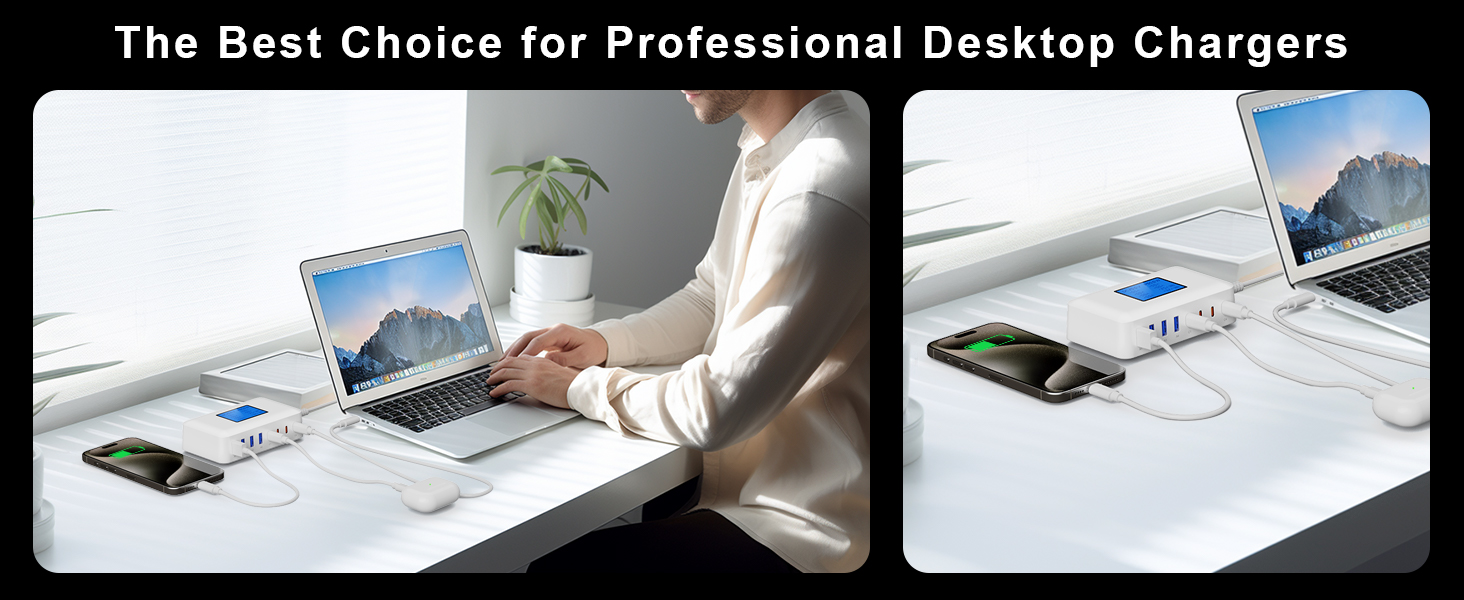 Зарядний пристрій RENGOGA 200W USB C GaN з 8 портами, LED дисплеєм, 65W USB-станція для iPad Pro/Air, MacBook, iPhone 16/15/14, Galaxy S24 - Білий