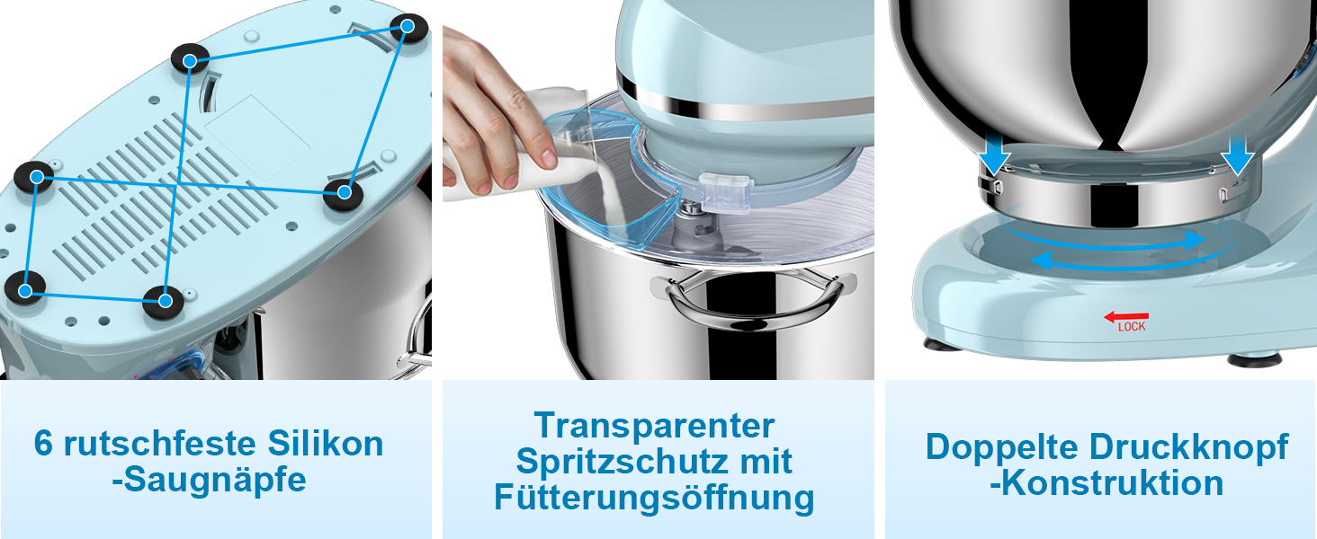 Кухонна машина (планетарний міксер) 1500W з чашею 7л з нержавіючої сталі, 6 швидкостей + імпульсний режим, набір насадок (гак, вінчик, міксер), колір: синій