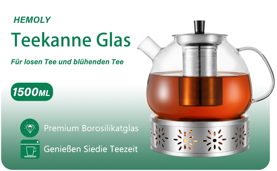 Скляна чайник HEMOLY 1,5 л з ситечком та підставкою для чаю
