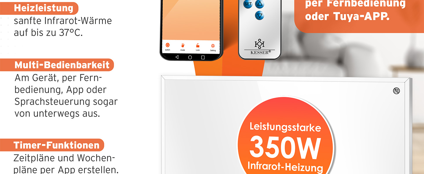 Інфранічний обігрівач KESSER® 350W: енергозберігаючий, з пультом, термостатом та керуванням через додаток. Можливість встановлення на підлогу або на стіну. Білий конвекторний нагрівач.